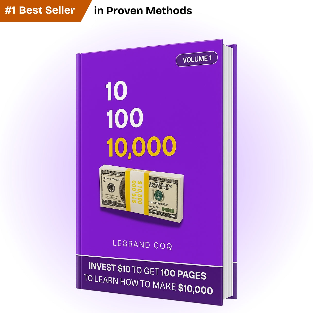 Purple book titled '10 100 10,000' with a dollar bill graphic on a white background